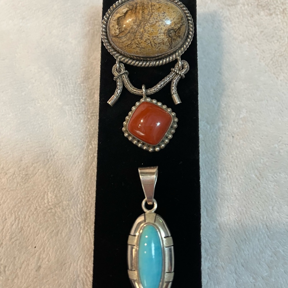 Southwestern Silver Pendant Set with Genuine Brown, Red, and Blue Stones